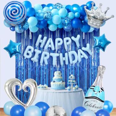 Imagem de Decorações de aniversário azuis para mulheres e meninas, coroa de folha de confete de látex azul metálico, estrela, balões de garrafa de vinho, faixa de feliz aniversário, cortinas de franja para