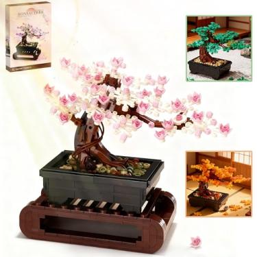 Imagem de Conjunto de blocos de construção de árvore de bonsai de flor de cerejeira 3 em 1, botânicos, folhas de 3 estações, tijolos de construção de bonsai, compatível com lego, flores rosa, decoração de