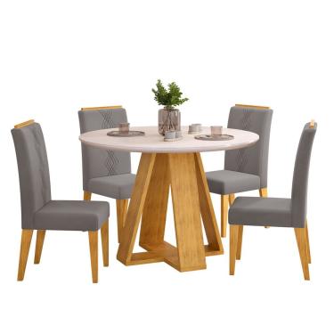 Imagem de Conjunto Sala De Jantar 4 Cadeiras Tampo Redondo Com Vidro Kiara Cedro Off White Yasmin Veludo Lunar - Dj Móveis