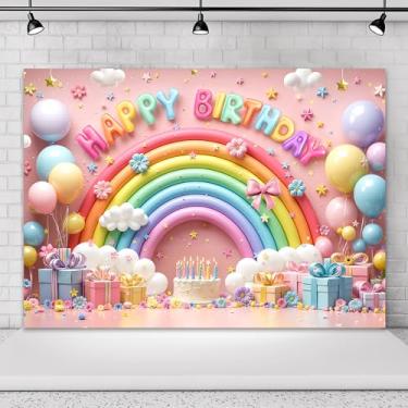 Imagem de Omifly Colorido arco-íris aniversário 7Wx5H pano de fundo para fotografia bolo fofo nuvens brancas balões adorável rosa menina crianças fundo decorações de festa bolo mesa banner decoração cabine foto