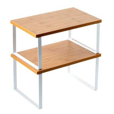 Imagem de Prateleira organizadora de armário, conjunto de 2 prateleiras expansíveis de bancada de cozinha com suporte de especiarias - armazenamento empilhável em metal e madeira 15,17 cm (cor bambu)