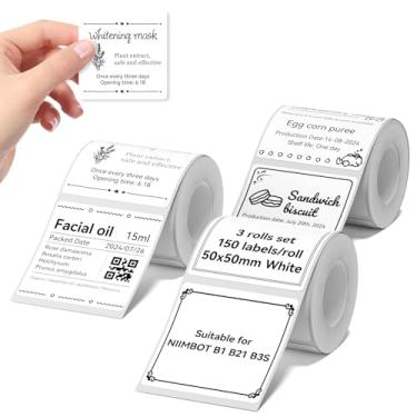 Imagem de NIIMBOT Conjunto de 3 rolos de etiquetas para impressora de adesivos B1/B21/B31, 50 x 50 mm, 150 etiquetas/rolo, refil de fita de etiquetagem para casa, escola, escritório, pequenas empresas (branco)