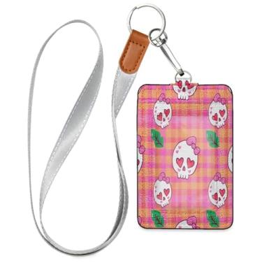 Imagem de Wassud Crânios com coração de couro PU porta-crachá com cordão, porta-cartão de identificação para trabalho, cordão de pescoço com compartimentos para cartões de crédito, funcionários, estudantes