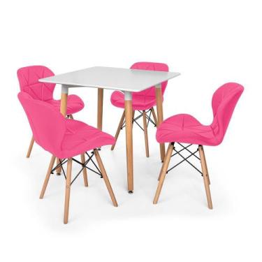 Imagem de Kit Mesa Jantar Eiffel 80x80cm Branca + 04 Cadeiras Slim - Rosa - Maga