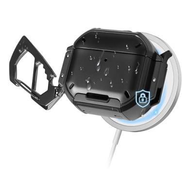 Imagem de MOLOPPO Capa para Airpods 4 com trava e mosquetão, [proteção de nível militar] [IP68 à prova d'água] [suporta carregamento sem fio] capa rígida antiarranhões para AirPods de 4 gerações, preta