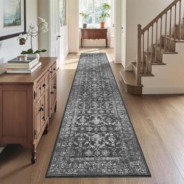 Imagem de DUIDY Tapete de corredor lavável de 5 x 25 cm, vintage, boêmio, extralongo, para cozinha, banheiro, tapete floral envelhecido, antiderrapante, para casa de fazenda, preto