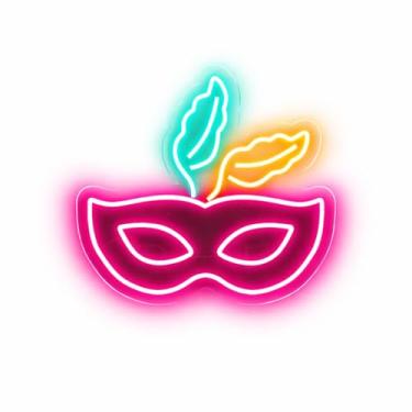 Imagem de Placa Neon Led Máscara De Carnaval Penas Decoração Festa Colorido 127/220v