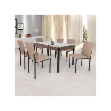 Imagem de Mesa de Jantar de Aço com Madeira e Tampo de Vidro 6 Cadeiras Retangul