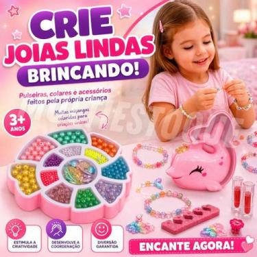 Imagem de Kit Miçangas Infantil Para Pulseiras Estojo Rosa Criativo Brinquedo Ed