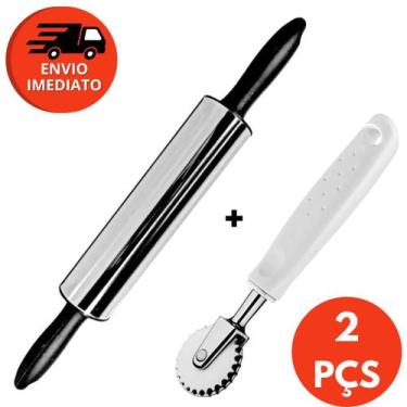 Imagem de Kit Rolo Abrir Massa Inox Cabo Plástico e Carretilha Cortador Massa Co