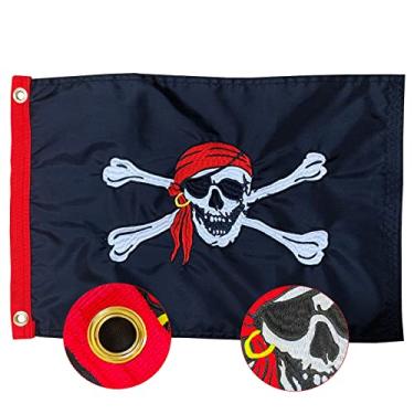 Imagem de SYII Bandeira de barco pirata chapéu vermelho 30,5 x 45,7 cm feito nos EUA, bandeiras de iate de pirata Jolly Roger bordado com 2 ilhós de latão, caveira de nylon resistente banner ao ar livre para todos os climas
