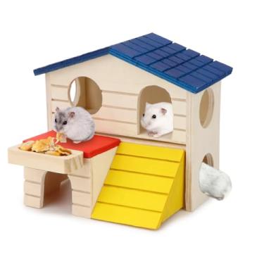 Imagem de Hamter Casa de madeira Villa Gaiola Brinquedo de Exercício Hamster Ouriço Mouse Porquinho da Índia Gaiola Pequena Animal Esconderijo de Animais Pequenos (Casa de Vila) (15,5 x 7,5 x 15 cm)