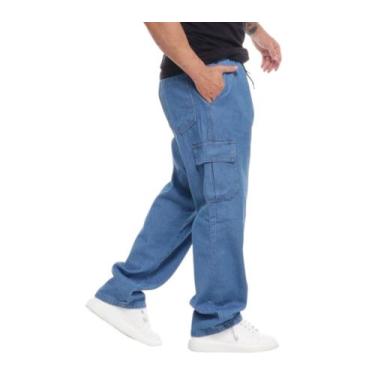 Imagem de Calça Cargo Jeans Larga Masculina Bolso Lateral Streetwear Estilo de r