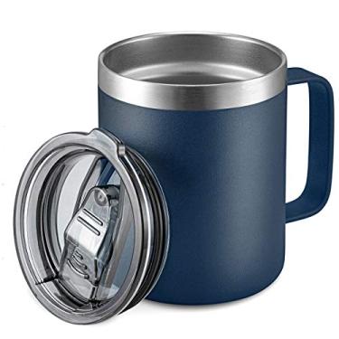 Imagem de ALOUFEA Caneca de café isolada de aço inoxidável de 340 g com alça, caneca de viagem a vácuo de parede dupla, copo com tampa deslizante, azul marinho