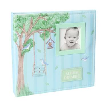 Imagem de Álbum de fotos Ical, encadernação fichário, para 100 fotos 15x21cm - envelope plástico branco - linha Bebê - capa em tecido - modelo azul-claro balanço com janela - 823