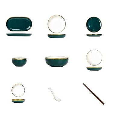 Imagem de Tigelas e pauzinhos de cerâmica, pratos de peixe de cerâmica, pratos ocidentais, conjunto de porcelana com bordas douradas - 40 peças/refeição para oito pessoas - branco