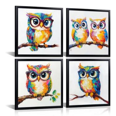 Imagem de LyerArtork 4 peças de arte de parede de corujas coloridas impressões em tela pinturas fofas para quarto de meninos moldura preta 30 x 30 cm x 10 cm