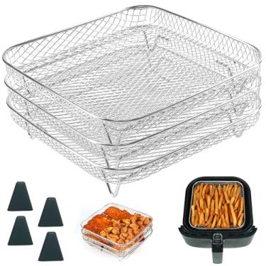 Imagem de BYKITCHEN Prateleira quadrada para fritadeira a ar de 20,3 cm, conjunto de 3, prateleira desidratador empilhável de aço inoxidável com revestimento múltiplo, acessórios quadrados para fritadeira de ar