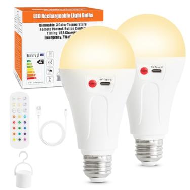 Imagem de Powfloven 2 Pacotes E26 Lâmpadas De Luz Recarregáveis Sem Fio Operadas Por Bateria Com Controle Remoto, 300Lm Regulável Alimentado Por Bateria Lâmpada De Emergência Mágica Led Para Lâmpada, 3 Temper