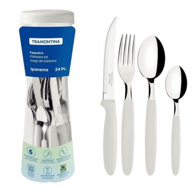 Imagem de Faqueiro Ipanema Lâminas Aço Inox Cabos De Polipropileno Branco Com Pote Plástico 24 Pçs