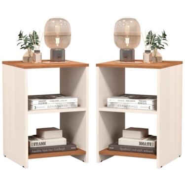 Imagem de Conjunto Kit 2 Mesas de Cabeceira Compacta de Quarto Mesinha Apoio Lateral para Cabeceira Cama com 2 Nichos Organização e Decoração Abertos 60cm x 55cm x 15cm Design Clean Dubai (Offwhite/Freijó)