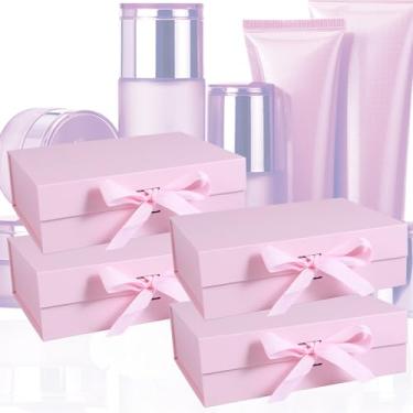 Imagem de DJAPWPX 4 peças de caixa de presente com tampa, caixa de presente magnética com fita de papelão, caixas de lembrancinhas de casamento para Natal, casamentos, aniversários 26 x 19 x 8 cm (rosa)