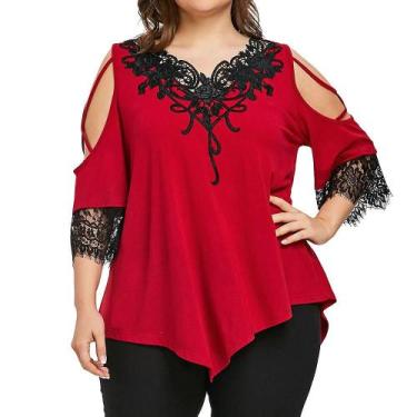 Imagem de Camiseta feminina de tamanho grande com renda fora do ombro blusa casu