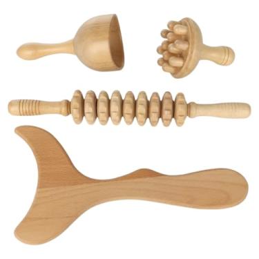 Imagem de Ferramentas de massagem, kit de corpo de escultura de madeira, 4 peças com contorno de tábua, copo de madeira, rolo de bastão, cogumelo massageador, relaxamento muscular para ferramentas esculpir