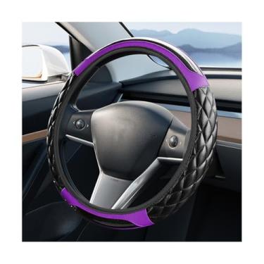 Imagem de FALVFUN Capa de volante de carro, protetor de volante antiderrapante de couro de fibra de carbono elástico de 38 cm, acessórios de proteção interna automotiva, universal para veículos (roxo)