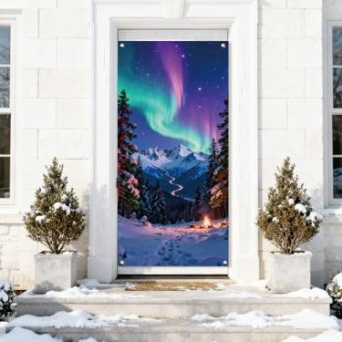 Imagem de arricraft 1 capa de porta de poliéster Aurora de fantasia, 185 x 90 cm, faixa de fundo de cena de neve aurora, faixa de fundo de foto para varanda de festa, acessórios de decoração de casa