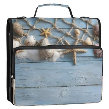 Imagem de CEBUGI Fichário de 3 anéis com zíper com alça de ombro, pasta de arquivo expansível de 3,8 cm, anéis D de 3,8 cm, para escola, escritório, estrela-do-mar e conchas