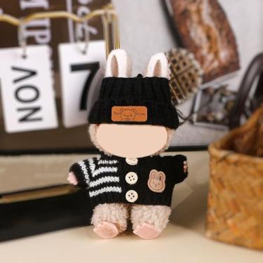 Imagem de Compatível com Labubu (sem boneca) - Conjunto de malha preta (chapéu + suéter + calça) com patch de coelho, roupas de boneca de 15 cm/17 cm (preto, sem bolsa)