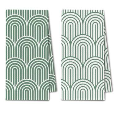 Imagem de ChissNook Toalhas de cozinha abstratas em arco verde sálvia, toalhas de prato modernas minimalistas boho pano de secagem para cozinha, toalha de mão decorativa retrô art deco para banheiro, 40 x 61 cm
