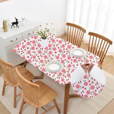 Imagem de Mulilai Toalha de mesa oval floral de primavera, 122 x 162 cm, toalha de mesa elástica, lavável, antiderrapante, tecido elastano, sem rugas, com linda flor rosa