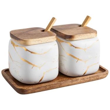 Imagem de 2 conjuntos de potes de cerâmica de mármore com tampa de madeira e colher de madeira (branco)