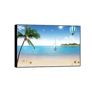 Imagem de Impressão em tela de paisagem de arte de parede com moldura preta - Barco de árvore do mar - quadros de pintura de decoração para quarto 70 x 105 cm 27 x 41 pol