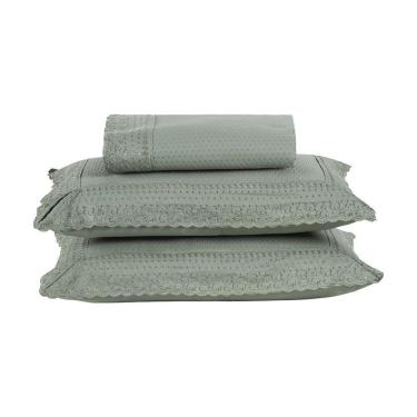 Imagem de Kit Colcha 3 Peças Queen Percal 300 Fios Bordado Inglês Home Paris - Verde