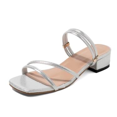 Imagem de Zeuhzih Sandálias femininas com tiras de salto baixo – bico quadrado off-white sandálias minimalistas de verão com alça slingback – Sandálias casuais para escritório, viagens e uso diário, Prata, 35
