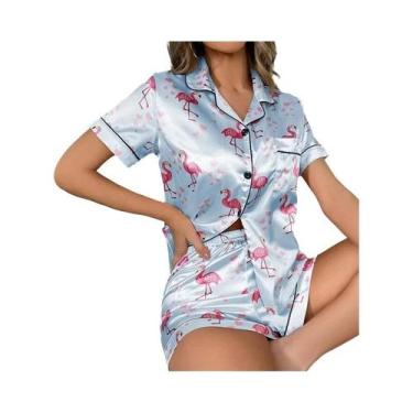 Imagem de Conjunto De Pijama Feminino De Cetim Com Estampa De Corações, Blusa De
