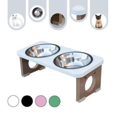 Imagem de Comedouro Gato Pet MDF Elevado Duplo Colors Branco - Inox - Maderacco