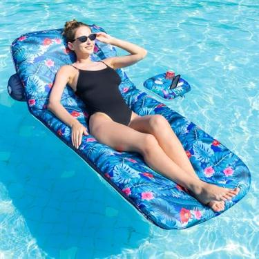Imagem de FindUWill Boia Inflável Para Piscina - Boia De Tecido Para Piscina Com Porta-Copos, Encosto, Boia Para Piscina Para Adultos (Tropical Bule)