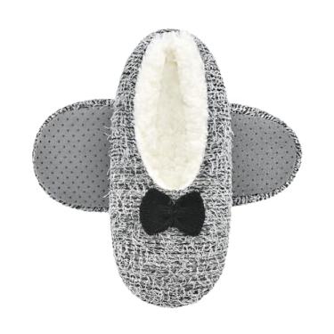 Imagem de DICUIRD Meias femininas aconchegantes e quentes de sola macia com aderência, forro de lã felpuda, chinelos de casa com parte inferior antiderrapante, Mhm preto, 8-10