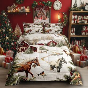Imagem de Conjunto de edredom de casa de fazenda de Natal, tamanho queen, para crianças, estilo ocidental, cavalo, todas as estações, conjunto de colcha de pinheiro, decoração de quarto, retrô, rústico, edredom