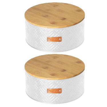 Imagem de Kit 2 Lata Porta Biscoito Doce Tampa De Bambu Branco