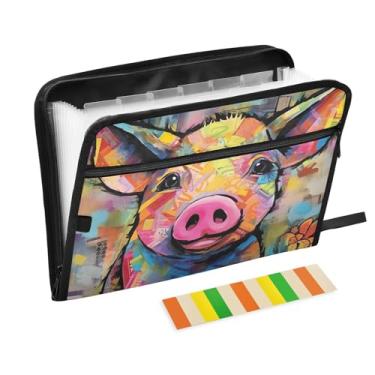 Imagem de Wassud Pintura de porco colorida com 13 bolsos, organizador de arquivos sanfonados, pastas expansíveis com abas e adesivos, organizador de pastas de documentos de recibo de papel tamanho carta A4 para