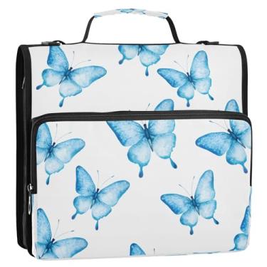 Imagem de Wassud Delicado fichário azul borboletas com zíper 3 anéis com alça de ombro e alça vários bolsos expansíveis organizador de pasta de arquivo