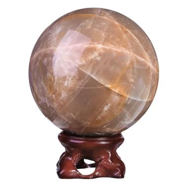 Imagem de Rockcloud Bola de cristal de pedra da lua laranja natural com suporte de resina, escultura de bola decorativa de esfera de cristal polido para meditação Fengshui decoração de casa, 6 a 7 cm