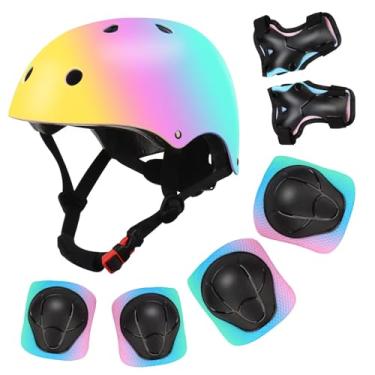 Imagem de Conjunto de capacete infantil ajustável gradiente colorido com joelheiras e cotoveleiras | Equipamento de segurança multiesportivo para meninos e meninas de 5 a 14 anos | Skate, scooters, patins e