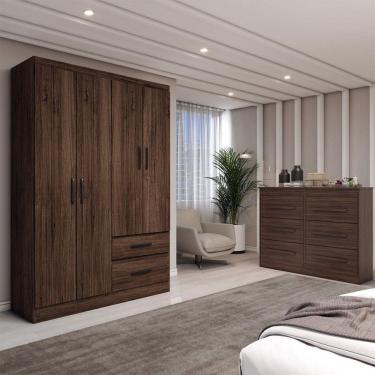 Imagem de Guarda-Roupa Solteiro Europa 4 Portas 2 Gavetas e Cômoda 6 Gavetas Castanho - Panorama Móveis