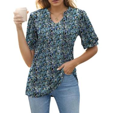 Imagem de Blusa túnica YLIRJ feminina com decote em V, manga curta, azul floral